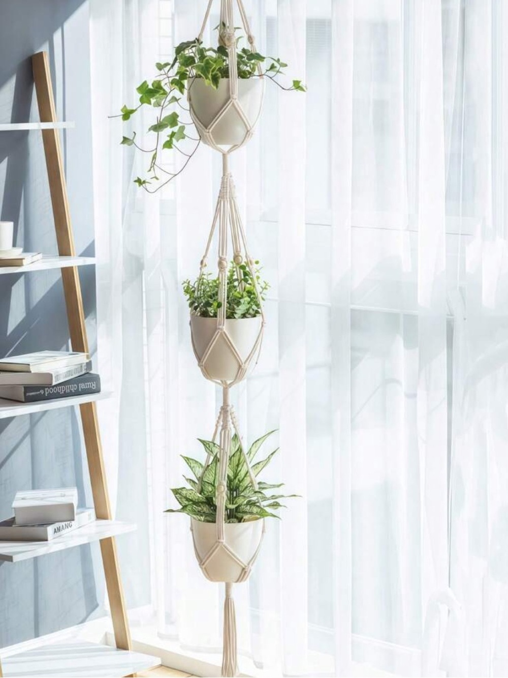 3 Tier Macrame Hanging Planter - White